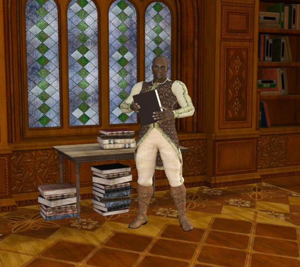 Sir Jolvon with books, from the book Arrow's Flight by M.B.Strang